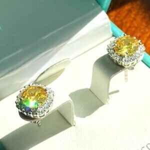 Nanette Lepore ~ 925 Sterling Silver Earrings, Citrine Cubic Zirconia Halo Studs